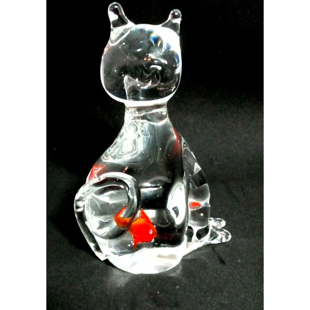 Vintage Heavy Clear Glass Cat Sculpture Figurine Goldfish in Belly